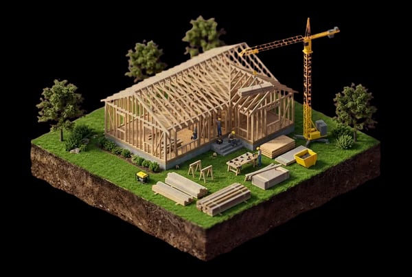 Miniature wood-framed house under construction with exposed studs and stacked lumber