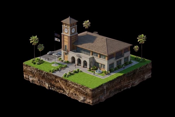 Miniature city hall diorama with a clock tower and flag