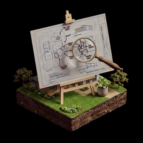 Miniature architectural plan sheet with red correction marks under a magnifying glass — the corrections letter being decoded against the plans.