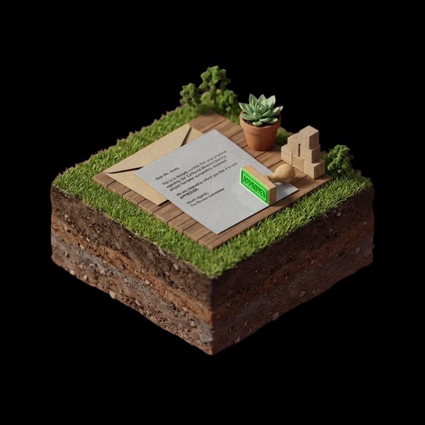 Miniature desk with a typed corrections letter, an envelope, and a green approved stamp — a resubmittal verified against the original letter.