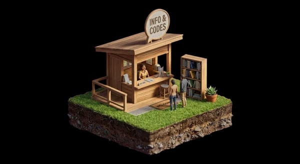 A miniature information kiosk with a speech-bubble sign and a shelf of code books — the Permit Assistant, open and staffed.