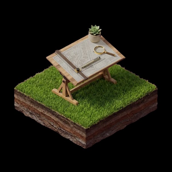 A drafting table with a site plan, ruler, and magnifier on a square patch of grass and layered soil — a parcel being scouted before you build.