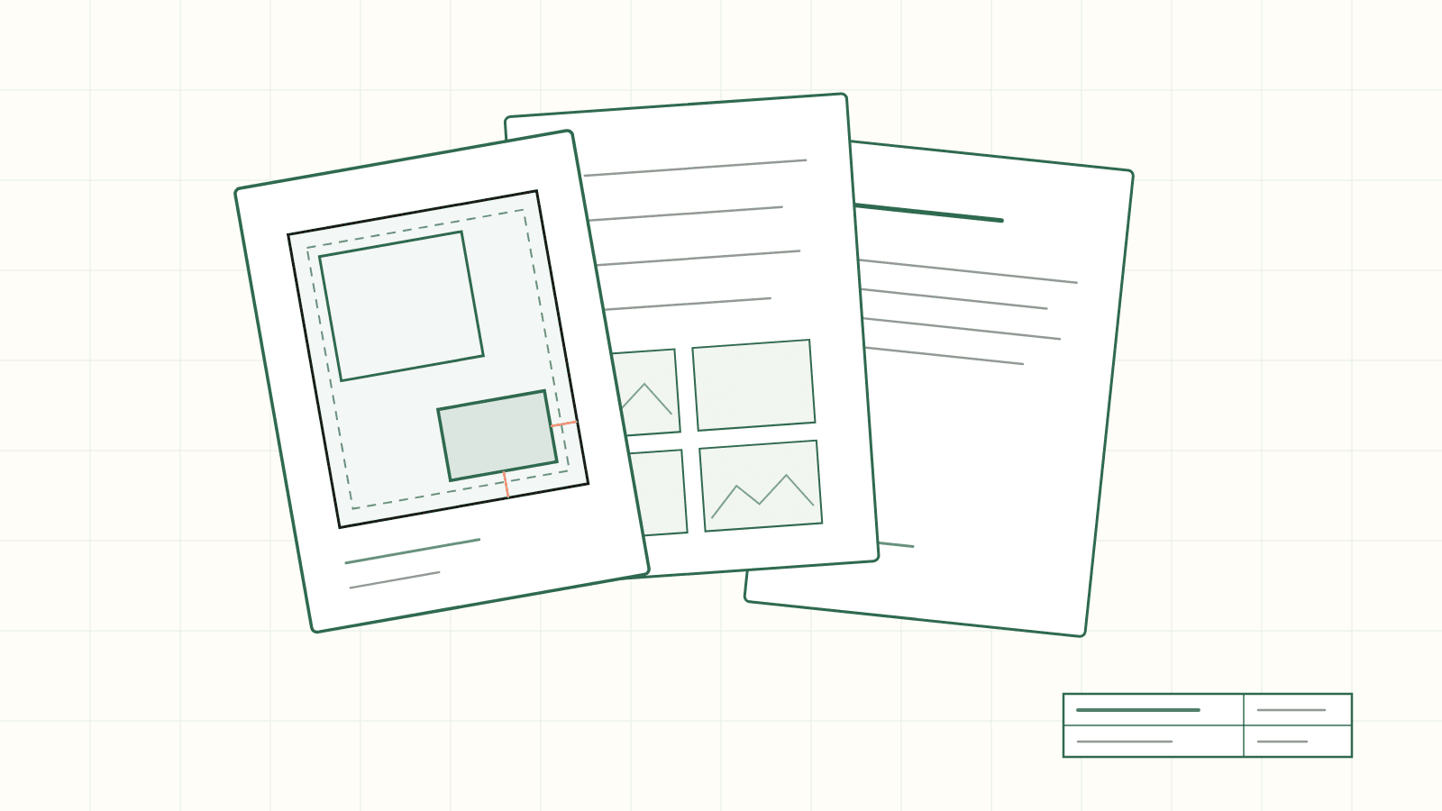 Three documents fanned out — a plot map, a photo checklist, and a proposal