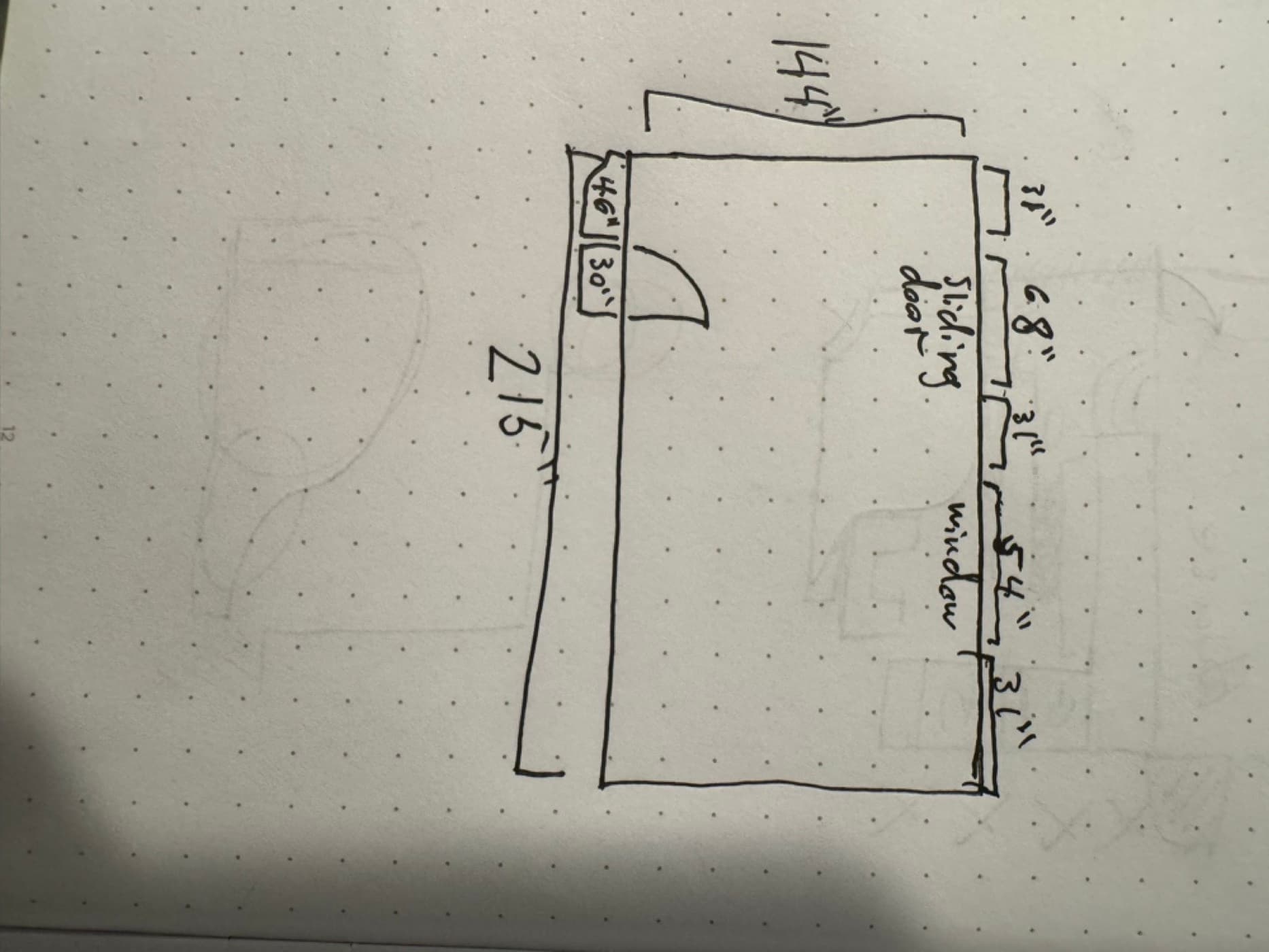 The first notebook sketch — a single room, hand-measured to the quarter inch