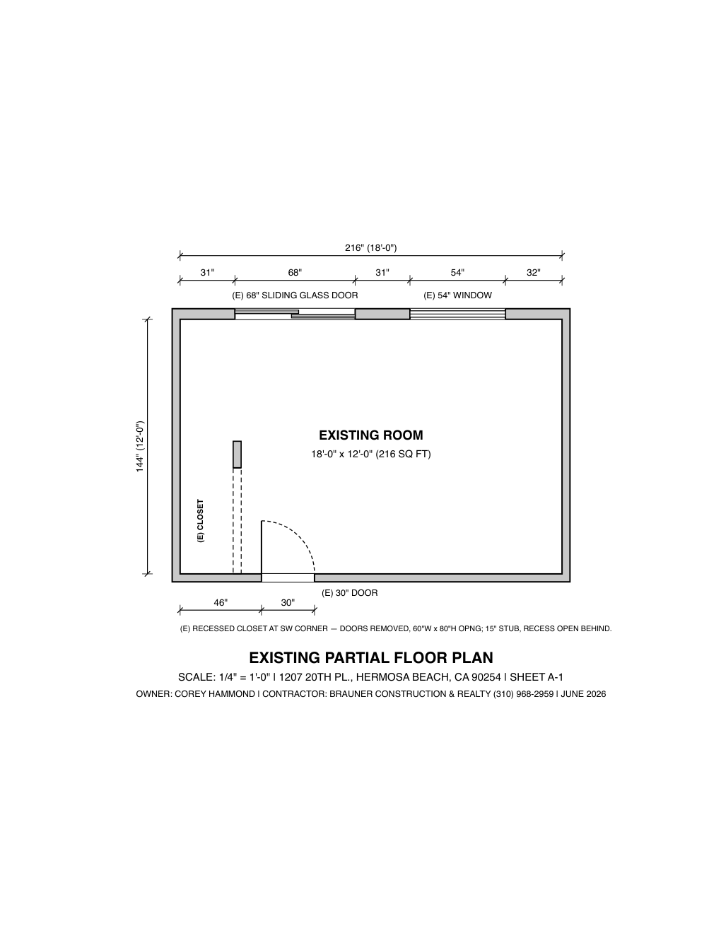 Sheet A-1, the existing plan — drawn to scale from the notebook sketch, in the same turn.