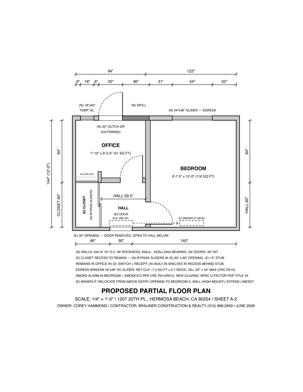 Sheet A-2, as submitted: OFFICE, 7'-10" × 6'-5.5" — 51 square feet, printed right on the sheet.