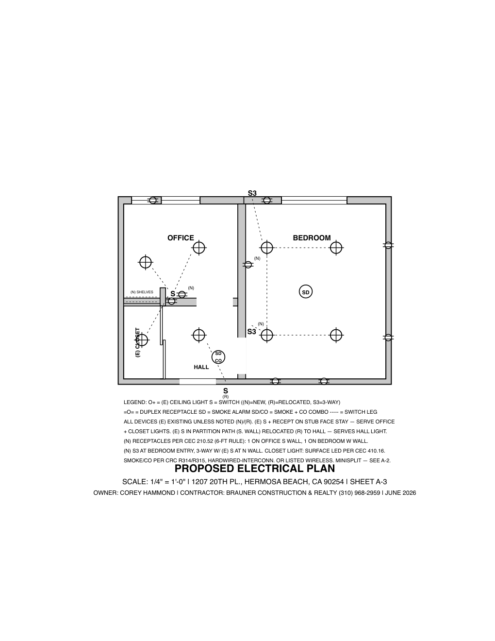 Sheet A-3 — blue lights, green plugs, red switches: Corey's colored dots on a screenshot, redrawn as a legend-keyed electrical plan.