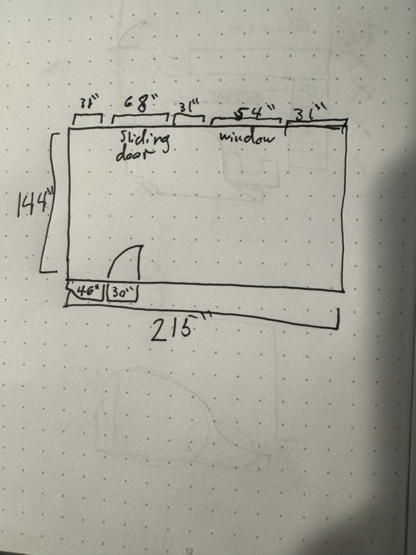 The first notebook sketch — a single room, hand-measured to the quarter inch