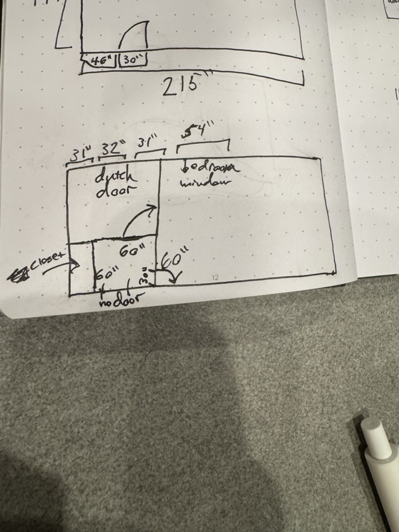 The third sketch: a 60-inch hall, a closet, and the partition that created the office.
